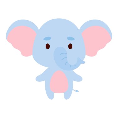 Beyaz arka planda şirin küçük bir fil. Çocuk kartları için çizgi film karakteri, bebek partisi, doğum günü davetiyesi, ev içi. Parlak renkli çocuksu vektör çizimi.