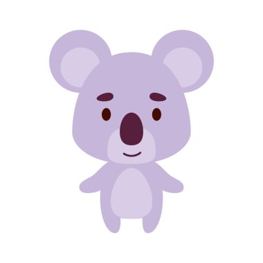 Beyaz arka planda şirin bir koala. Çocuk kartları için çizgi film karakteri, bebek partisi, doğum günü davetiyesi, ev içi. Parlak renkli çocuksu vektör çizimi.