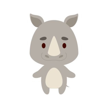 Beyaz arka planda şirin bir gergedan. Çocuk kartları için çizgi film karakteri, bebek partisi, doğum günü davetiyesi, ev içi. Parlak renkli çocuksu vektör çizimi.