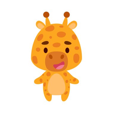 Beyaz arka planda şirin bir zürafa. Çocuk kartları için çizgi film karakteri, bebek partisi, doğum günü davetiyesi, ev içi. Parlak renkli çocuksu vektör çizimi.