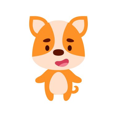 Beyaz arka planda şirin bir Corgi köpeği. Çocuk kartları için çizgi film karakteri, bebek partisi, doğum günü davetiyesi, ev içi. Parlak renkli çocuksu vektör çizimi.