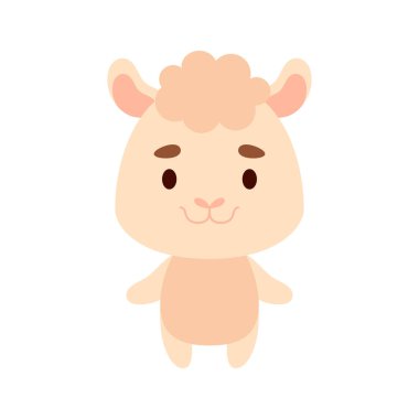 Beyaz arka planda şirin bir alpaka. Çocuk kartları için çizgi film karakteri, bebek partisi, doğum günü davetiyesi, ev içi. Parlak renkli çocuksu vektör çizimi.