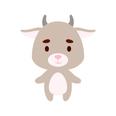 Beyaz arka planda şirin bir keçi. Çocuk kartları için çizgi film karakteri, bebek partisi, doğum günü davetiyesi, ev içi. Parlak renkli çocuksu vektör çizimi.