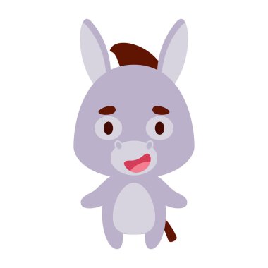 Beyaz arka planda şirin bir eşek. Çocuk kartları için çizgi film karakteri, bebek partisi, doğum günü davetiyesi, ev içi. Parlak renkli çocuksu vektör çizimi.