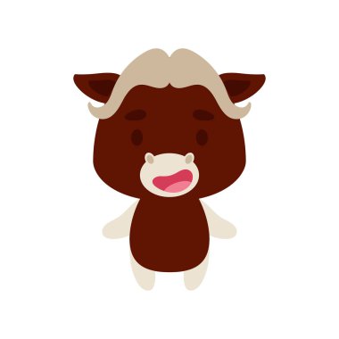 Beyaz arka planda şirin bir misk öküzü. Çocuk kartları için çizgi film karakteri, bebek partisi, doğum günü davetiyesi, ev içi. Parlak renkli çocuksu vektör çizimi.