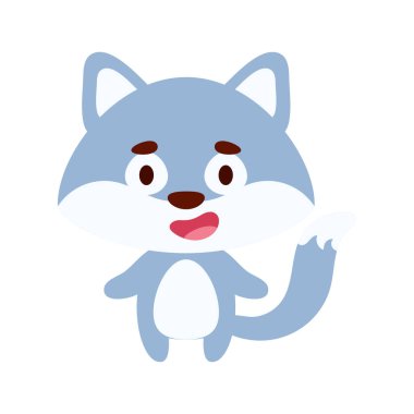 Beyaz arka planda şirin küçük bir kurt. Çocuk kartları için çizgi film karakteri, bebek partisi, doğum günü davetiyesi, ev içi. Parlak renkli çocuksu vektör çizimi.