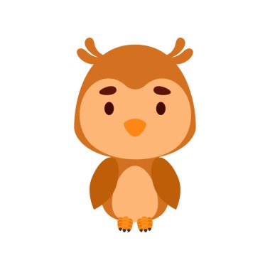 Beyaz arka planda sevimli küçük baykuş. Çocuk kartları için çizgi film karakteri, bebek partisi, doğum günü davetiyesi, ev içi. Parlak renkli çocuksu vektör çizimi.