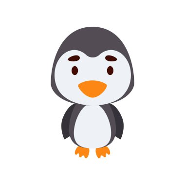 Beyaz arka planda şirin bir penguen. Çocuk kartları için çizgi film karakteri, bebek partisi, doğum günü davetiyesi, ev içi. Parlak renkli çocuksu vektör çizimi.