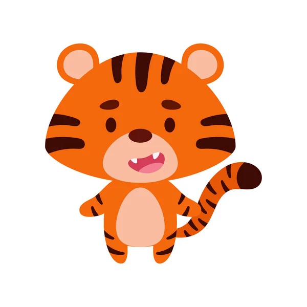 Netter Kleiner Tiger Auf Weißem Hintergrund Zeichentrick Tierfigur Für Kinderkarten — Stockvektor