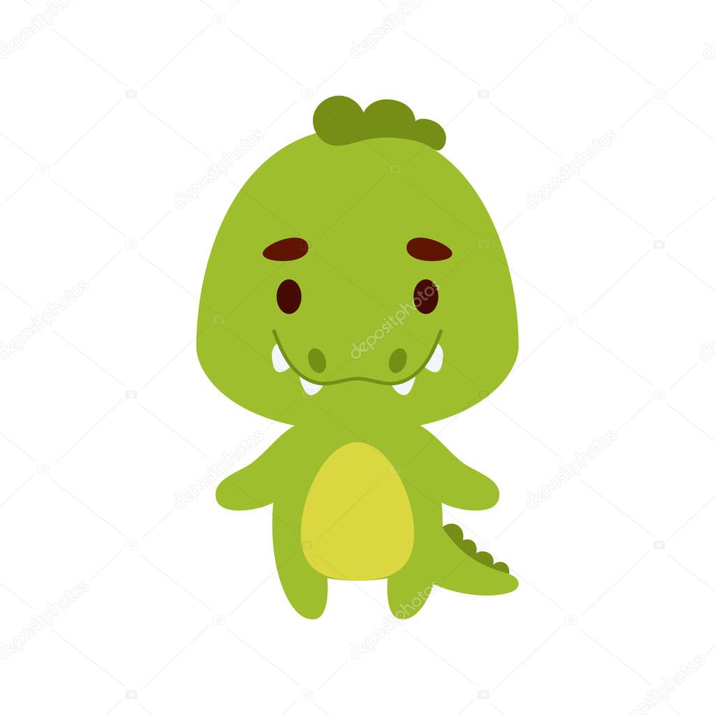 Cute little crocodile on white background. Cartoon animal character for kids cards, baby shower, birthday invitation, house interior. Bright colored childish vector illustration.