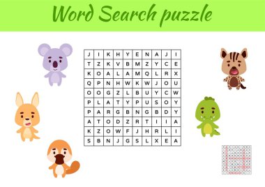 Oyun, resimli çocuklar için hayvanların kelime araması yapbozu şablonu. Çocuk aktivitesi çalışma tablosu basılabilir versiyonu. İngilizce kelime eğitimi için eğitici bir oyun. Cevapları da içeriyor. Vektör stok illüstrasyonu