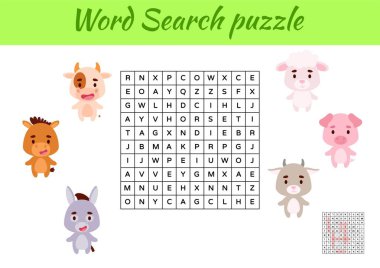 Oyun, resimli çocuklar için hayvanların kelime araması yapbozu şablonu. Çocuk aktivitesi çalışma tablosu basılabilir versiyonu. İngilizce kelime eğitimi için eğitici bir oyun. Cevapları da içeriyor. Vektör stok illüstrasyonu