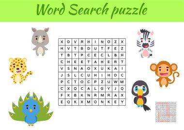 Oyun, resimli çocuklar için hayvanların kelime araması yapbozu şablonu. Çocuk aktivitesi çalışma tablosu basılabilir versiyonu. İngilizce kelime eğitimi için eğitici bir oyun. Cevapları da içeriyor. Vektör stok illüstrasyonu