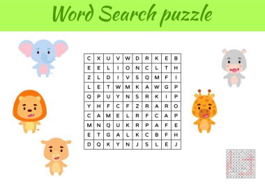 Oyun, resimli çocuklar için hayvanların kelime araması yapbozu şablonu. Çocuk aktivitesi çalışma tablosu basılabilir versiyonu. İngilizce kelime eğitimi için eğitici bir oyun. Cevapları da içeriyor. Vektör stok illüstrasyonu