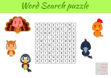 Oyun, resimli çocuklar için hayvanların kelime araması yapbozu şablonu. Çocuk aktivitesi çalışma tablosu basılabilir versiyonu. İngilizce kelime eğitimi için eğitici bir oyun. Cevapları da içeriyor. Vektör stok illüstrasyonu