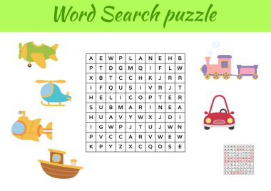 Oyun, resimli çocuklar için hayvanların kelime araması yapbozu şablonu. Çocuk aktivitesi çalışma tablosu basılabilir versiyonu. İngilizce kelime eğitimi için eğitici bir oyun. Cevapları da içeriyor. Vektör stok illüstrasyonu