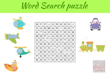 Oyun, resimli çocuklar için hayvanların kelime araması yapbozu şablonu. Çocuk aktivitesi çalışma tablosu basılabilir versiyonu. İngilizce kelime eğitimi için eğitici bir oyun. Cevapları da içeriyor. Vektör stok illüstrasyonu