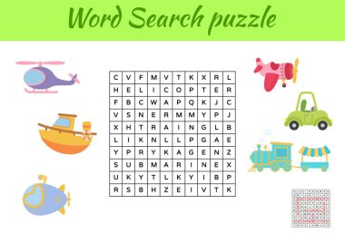 Oyun, resimli çocuklar için hayvanların kelime araması yapbozu şablonu. Çocuk aktivitesi çalışma tablosu basılabilir versiyonu. İngilizce kelime eğitimi için eğitici bir oyun. Cevapları da içeriyor. Vektör stok illüstrasyonu