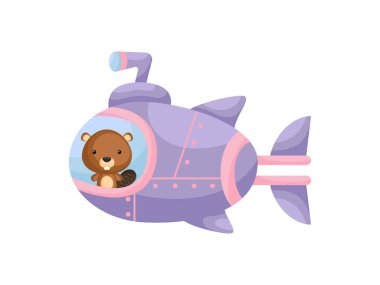 Menekşe denizaltısıyla küçük şirin kunduz yelkeni. Çocuk kitabı için çizgi film karakteri, albüm, bebek partisi, tebrik kartı, parti davetiyesi, ev içi. Vektör stok illüstrasyonu.