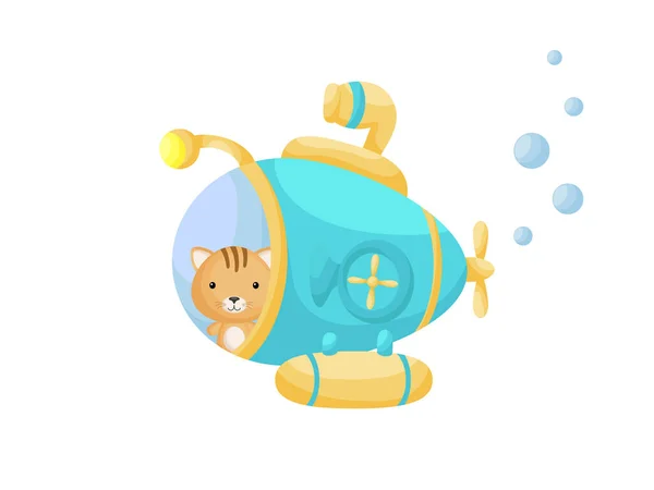 Turkuaz Denizaltıyla Küçük Şirin Bir Kedi Yelkeni Çocuk Kitabı Için — Stok Vektör