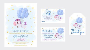 Bebek partisi davetiyesi bebek bezi çekilişi, bebek için kitap ve teşekkür etiketi ile birlikte yolda. Davetiye seti, balonlarla uçan sihirli tek boynuzlu at..