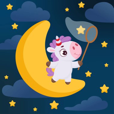 Ay 'da duran şirin tek boynuzlu at kelebek ağıyla yıldızları yakalıyor. Çocuk odası dekorasyonu için çizgi film karakteri, çocuk odası sanatı, doğum günü partisi, bebek partisi. Parlak renkli hisse senedi vektörü çizimi