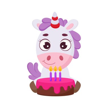 Tatlı sihirli, pastalı tek boynuzlu at. Parmak izi, kart, bebek partisi, davetiye, duvar kâğıdı, dekor için komik sihirli tek boynuzlu at çizgi film karakteri. Parlak renkli çocuksu hisse senedi temsili.