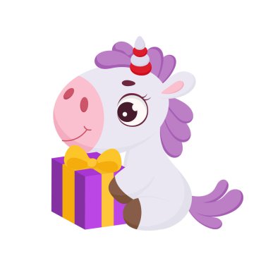 Hediye kutusuyla oturan sevimli sihirli tek boynuzlu at. Parmak izi, kart, bebek partisi, davetiye, duvar kâğıdı, dekor için komik sihirli tek boynuzlu at çizgi film karakteri. Parlak renkli çocuksu hisse senedi temsili.