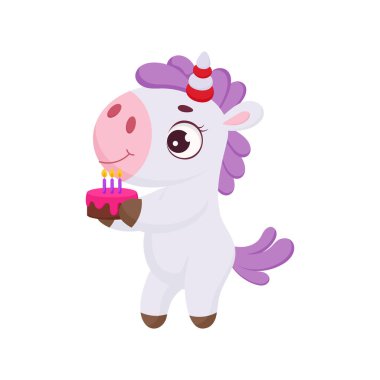 Tatlı sihirli tek boynuzlu at kekin yanında duruyor. Parmak izi, kart, bebek partisi, davetiye, duvar kâğıdı, dekor için komik sihirli tek boynuzlu at çizgi film karakteri. Parlak renkli çocuksu hisse senedi temsili.