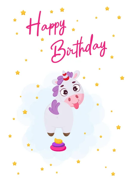 Happy Birthday Printable Party Greeting Card Cute Magical Unicorn Rainbow — Stok Vektör