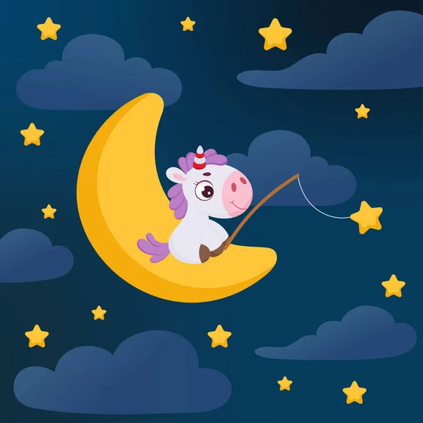 Cute Little Unicorn Sitting Moon Fishing Rod Catches Stars Cartoon — Stock Vector