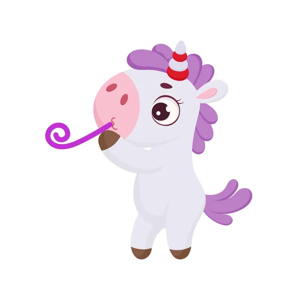Carino Magico Unicorno Seduta Con Tubo Divertente Personaggio Cartone Animato — Vettoriale Stock