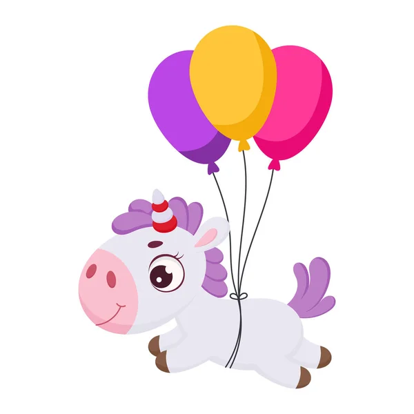 Mignonne Licorne Magique Volant Sur Des Ballons Drôle Magie Licorne — Image vectorielle