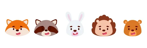 Cute Little Wodland Animals Heads Set Collection Funny Animals Characters — Image vectorielle