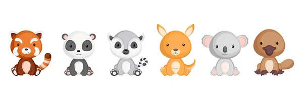 Coleção Pequenos Animais Sentados Estilo Cartoon Personagens Animais Bonitos Para —  Vetores de Stock