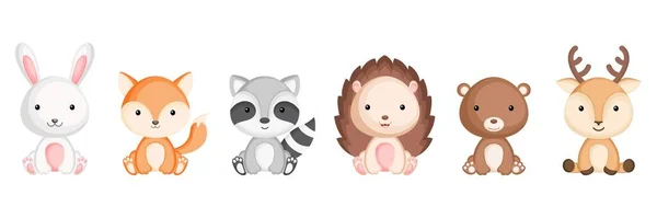 Verzameling Zittende Kleine Dieren Tekenfilmstijl Leuke Bosdieren Personages Voor Kinderkaarten — Stockvector