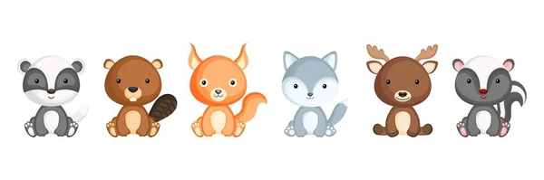 Colección Pequeños Animales Sentados Estilo Dibujos Animados Lindos Animales Del — Vector de stock