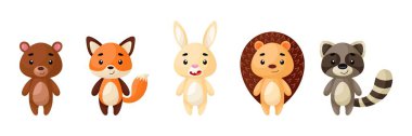 Şirin orman hayvanları seti. Çocuk kartları için komik hayvan koleksiyonu karakterleri, bebek partisi, doğum günü davetiyesi, ev dekorasyonu. Parlak renkli çocuksu vektör çizimi.