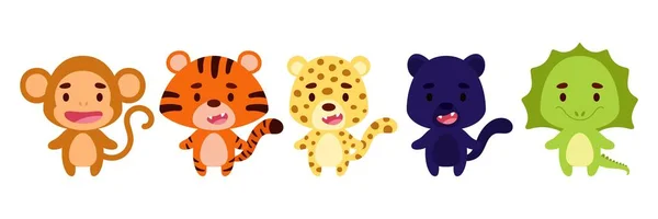 Pequenos Animais Selva Bonitos Coleção Animais Engraçados Personagens Para Crianças —  Vetores de Stock
