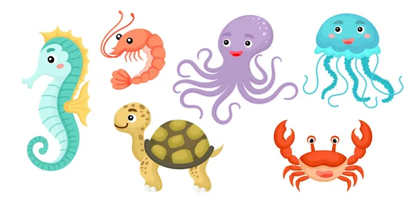 Conjunto Animales Del Océano Estilo Dibujos Animados Animales Lindos Personajes — Vector de stock