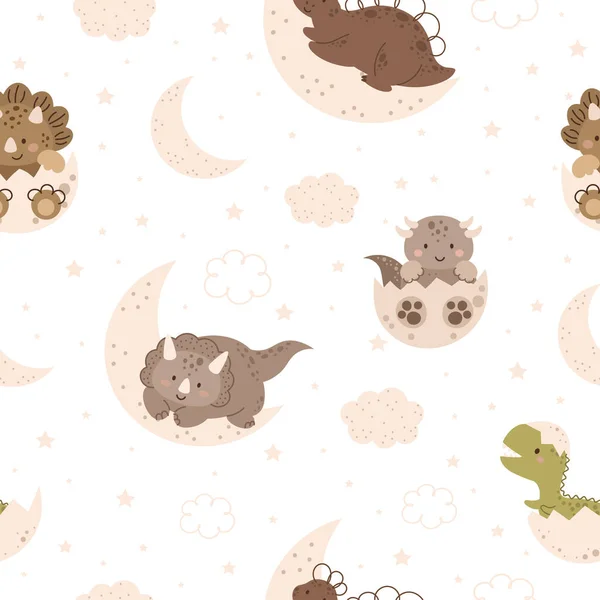 Bébé Dinosaures Mignons Sur Motif Sans Couture Lune Impression Scandinave — Image vectorielle