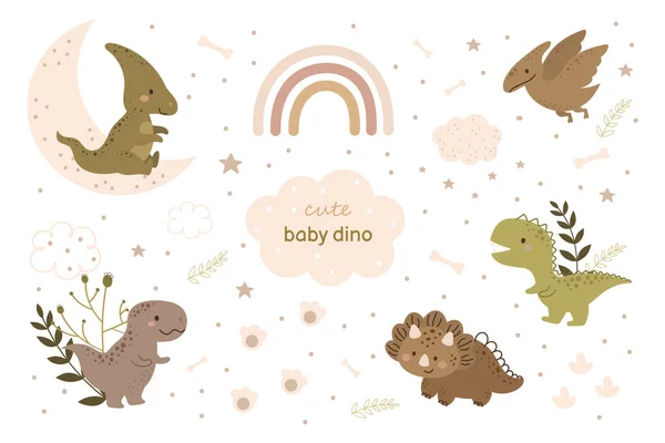 Şirin bebek dinozor karakterleri seti. Karikatür dinozorları çocuk kartları, bebek partisi, doğum günü davetiyesi, ev içi. Parlak renkli çocuksu vektör çizimi.