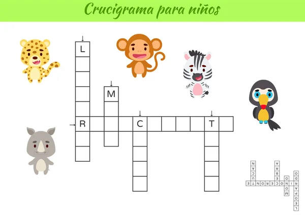 Keresztrejtvény Gyerekeknek Spanyolul Állatok Képeivel Oktatási Játék Tanulmányozására Spanyol Nyelv — Stock Vector
