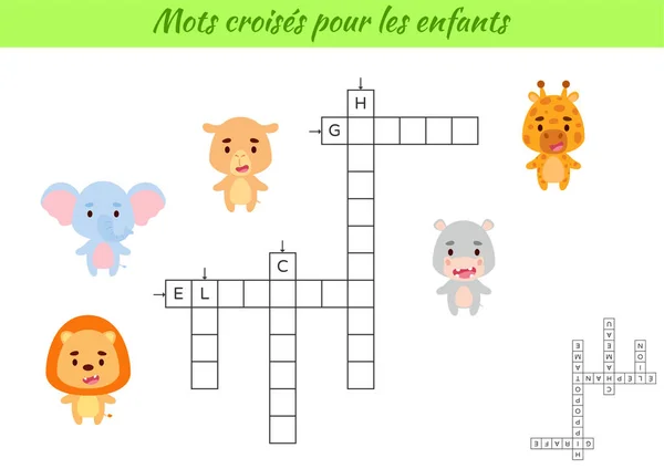 Crucigrama Para Niños Francés Con Fotos Animales Juego Educativo Para — Vector de stock