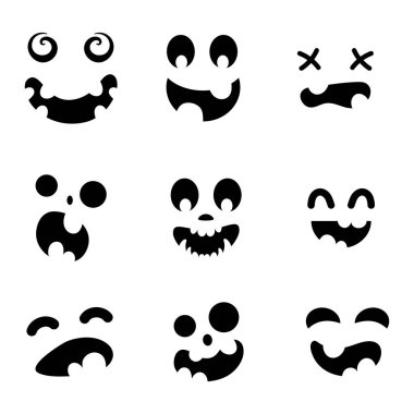 Scary and funny faces for Halloween pumpkin or ghost set. Jack-o-lantern facial expressions. Simple collection spooky horror of pumpkins faces. Isolated vector stock illustration.