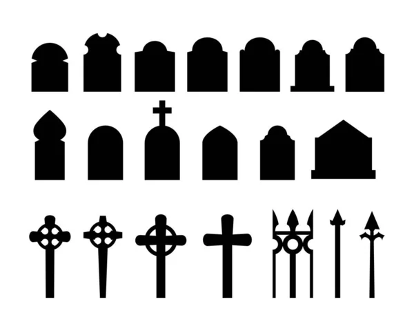 Set Black Silhouettes Headstones Fences Crosses Spooky Horror Design Decoration — Stock Vector