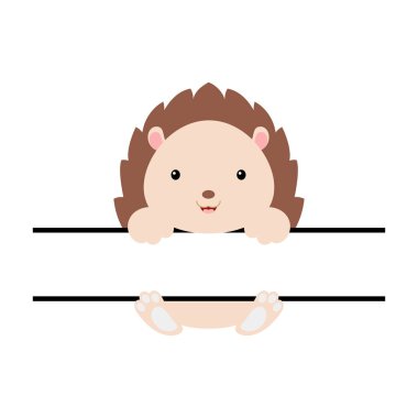Cute hedgehog split monogram. Funny cartoon character for shirt, scrapbooking, print, greeting cards, baby shower, invitation, home decor. Bright colored childish stock vector illustration.
