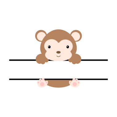 Şirin maymun monogramı yarmış. Gömlek, hatıra defteri, baskı, tebrik kartları, bebek partisi, davetiye, ev dekorasyonu için komik çizgi film karakteri. Parlak renkli çocuksu hisse senedi temsili.