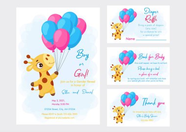 Bebek partisi davetiye kartı bebek bezi çekilişi, bebek için kitap ve teşekkür kartı. Davetiye seti, balonlarla uçan küçük şirin zürafa..