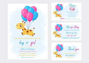Bebek partisi davetiye kartı bebek bezi çekilişi, bebek için kitap ve teşekkür kartı. Davetiye seti, balonlarla uçan küçük şirin zürafa..